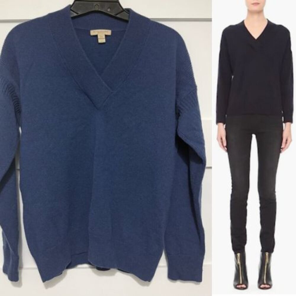 Burberry Brit Navy Blue V-Neck 100% Cashmere Sweater Size Medium 23559